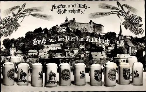 Ak Hopfen und Malz, Gott erhalt's, Gruß aus der Bierstadt Kulmbach, Bierkrüge