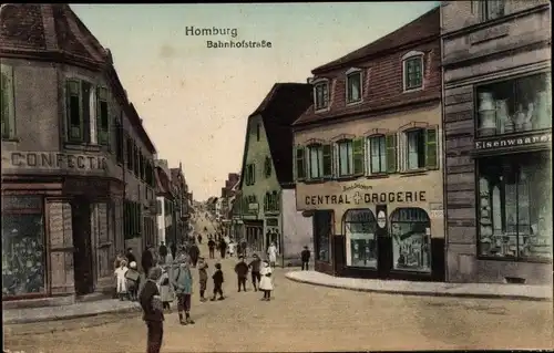 Ak Homburg in der Pfalz Saarland, Bahnhofstraße, Central Drogerie, Bern. Leschhorn