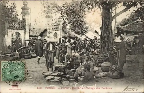 Ak Hanoi Tonkin Vietnam, Marché au Village des Cochons, Marktszene, Händler