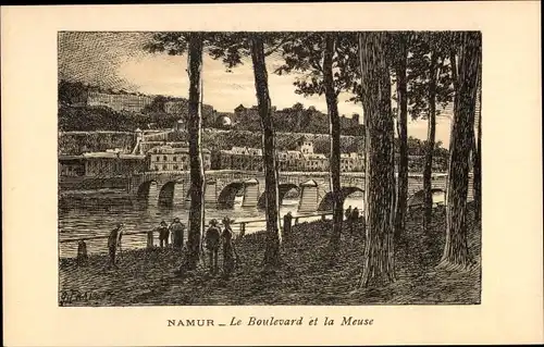 Künstler Ak Namur Wallonien, Le Boulevard et la Meuse, Brücke, Passanten