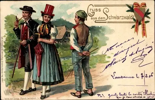 Litho Liebespaar in Schwarzwälder Tracht, Pfeife