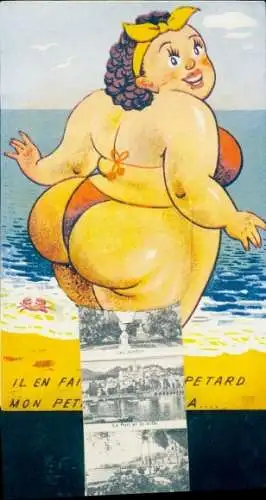 Leporello Ak Cap Martin Alpes Maritimes, Übergewichtige Frau, Les Jardins, Le Port