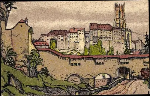 Künstler Ak Fribourg Freiburg Stadt Schweiz, Vieux Remparts au Gotteron