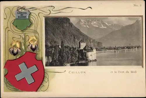 Präge Wappen Ak Chillon Montreux Kanton Waadt, Chateau de Chillon et la Dents du Midi