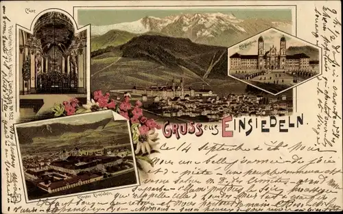 Litho Einsiedeln Kanton Schwyz Schweiz, Gesamtansicht, Klosterkirche, Kloster