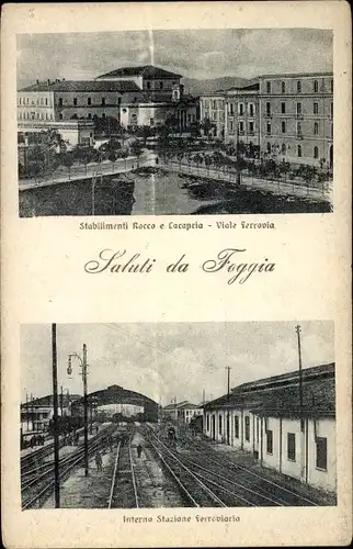 Ak Foggia Puglia, Stabilimenti Rocco e Lacapria Viale Ferrovia, Stazione Ferroviaria