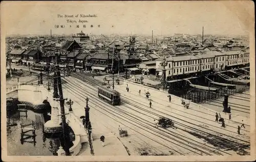 Ak Tokyo Tokio Japan, The Street of Nihonbashi, Straßenbahn