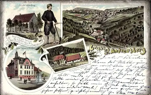 Litho St. Andreasberg Braunlage im Harz, Grube Neufang, Postamt mit Denkmal, Forsthaus