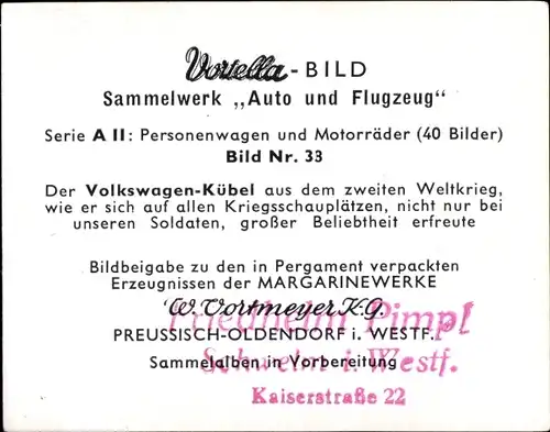 Sammelbild Personenwagen und Motorräder Bild Nr. 33, Volkswagen-Kübel