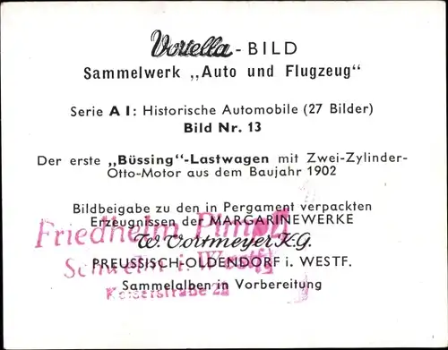 Sammelbild Historische Automobile Nr. 13, Büssing-Lastwagen, Baujahr 1902