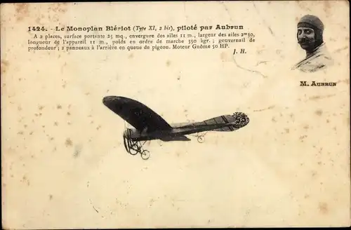 Ak Monoplan Bleriot type XI 2 bis, pilote par Aubrun, Flugzeug, Pilot