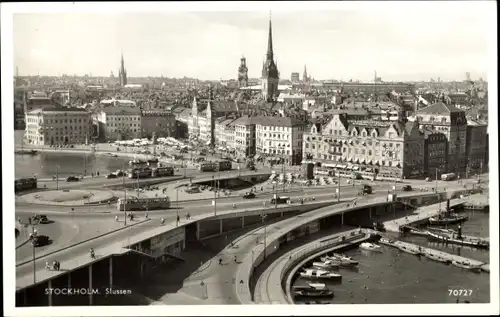 Ak Stockholm Schweden, Slussen, Panorama, Straßenbahnen