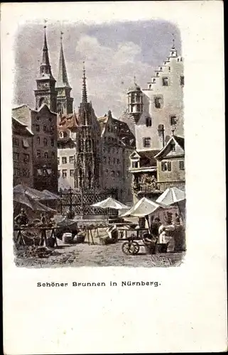 Künstler Ak Nürnberg in Mittelfranken Bayern, Schöner Brunnen, Markt