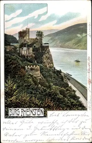 Ak Trechtingshausen am Rhein, Burg Rheinstein, Blick auf Burg und Rhein