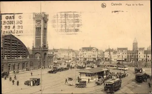 Ak Oostende Ostende Westflandern, Place de la Gare