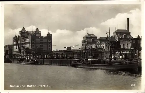 Ak Karlsruhe in Baden, Hafen-Partie, Schiffe