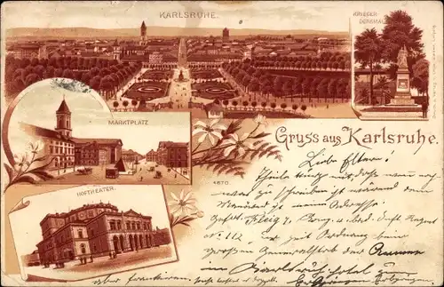 Litho Karlsruhe in Baden, Kriegerdenkmal, Hoftheater, Marktplatz