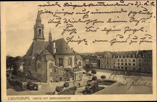 Ak Ludwigsburg in Württemberg, Partie mit Garnisonkirche