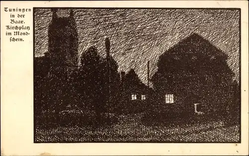 Künstler Ak Tuningen in der Baar, Kirchplatz im Mondschein