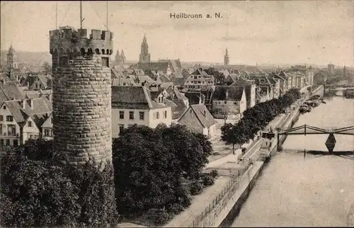 Ak Heilbronn am Neckar, Kanalpartie mit Stadtblick und Turm