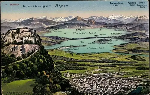 Landkarten Ak Singen Hohentwiel im Kreis Konstanz, Panoramablick, Bodensee, Vorarlberger Alpen