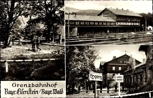 Ak Bayerisch Eisenstein in Niederbayern, Grenzbahnhof, EIngang, Landesgrenze, Schranke