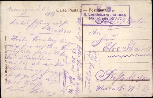 Dt. Feldpost, Truppenstempel, Landsturm Inf. Batl. Mannheim XIV/17, 2. Komp., I WK