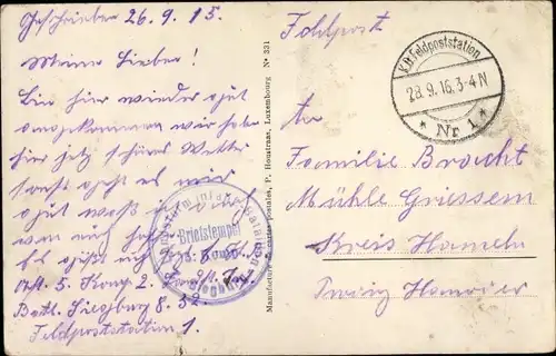 Dt. Feldpost, Truppenstempel, Feldpoststation Nr. 1, 2. Landsturm Batl. Siegburg, 5. Komp., I WK