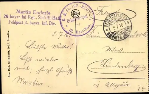Dt. Feldpost, Truppenstempel, KB 20. Inf. Regt., III. Batl., I WK,Martin Enderle,2. bayer. Inf. Div.