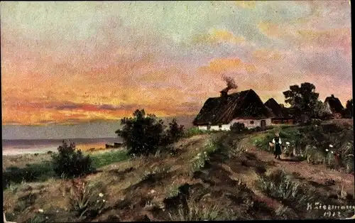 Künstler Ak Landschaft mit Bauernhäusern