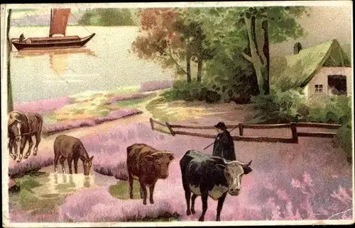 Ak Hirt mit Rindern, Bauernhaus