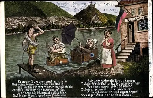 Lied Ak Koffer als Boot, Gasthaus, Es zogen Burschen einst zu drei'n über den Rhein