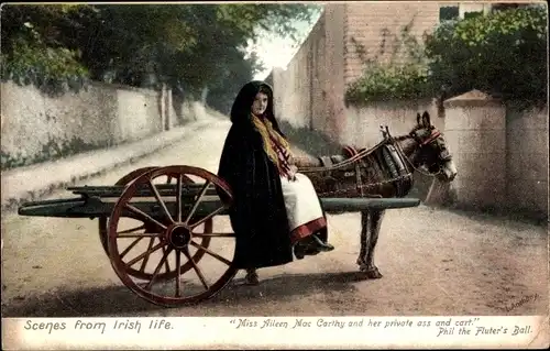 Ak Scenes from Irish Life, Miss Aileen Mac Carthy and her private ass and cart, irische Tracht, Esel