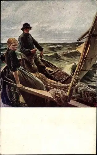 Künstler Ak Edelfelt, Albert, Auf dem Meere, Fischerboot im Sturm