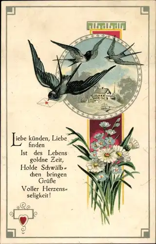 Ak Liebe künden, Liebe finden, Schwalben, Blumen