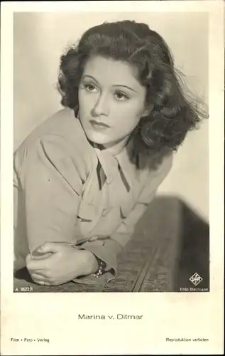 Ak Schauspielerin Marina von Ditmar, Portrait, Film Foto Verlag A 3622/1, UfA