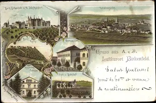 Litho Birkenfeld an der Nahe, Burg Birkenfeld, Ruine, Gymnasium, Regierungsgebäude, Post, Bahnhof