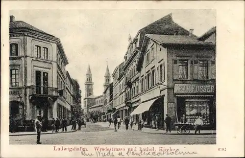 Ak Ludwigshafen am Rhein, Wredestraße, kath. Kirche, Geschäft Jean Fusser