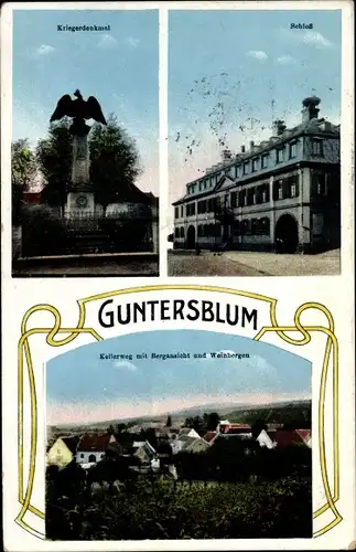 Ak Guntersblum am Rhein, Kriegerdenkmal, Schloss, Kellerweg, Weinberge