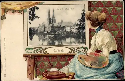 Präge Passepartout Ak Lübeck in Schleswig Holstein, Dom, Museum, Malerin mit Palette