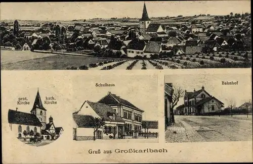 Ak Großkarlbach in der Pfalz, Bahnhof, Schulhaus, Totalansicht, Kirchen