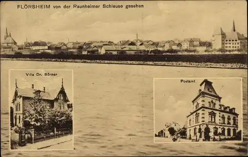 Ak Flörsheim am Main, Villa Dr. Börner, Postamt, Stadt v.d. Raunheimer Schleuse