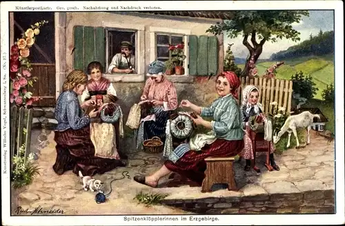 Künstler Ak Schneider, Rud., Spitzenklöpplerinnen im Erzgebirge, Ziege