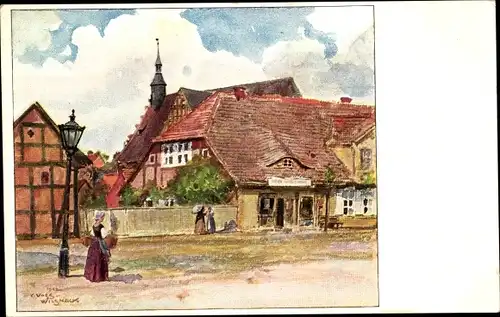 Künstler Ak Voss, Partie in einer Ortschaft, Gasthaus