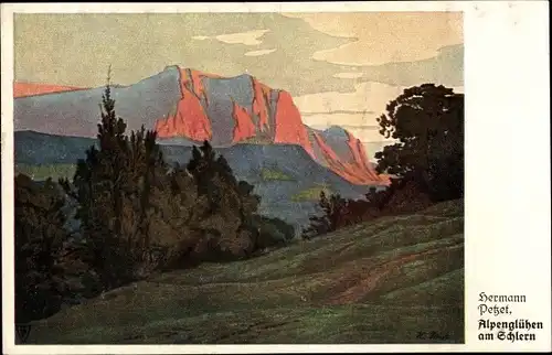 Künstler Ak Petzet, Hermann, Alpenglühen am Schlern, Landschaftsansicht, Gebirge, Südtirol