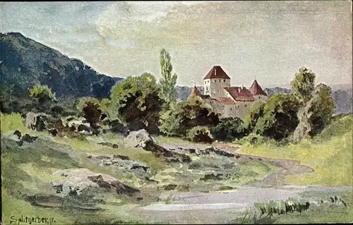 Künstler Ak Splitgerber, Blick zu einer Burg, Bach im Tal, Gebirge