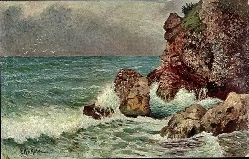 Künstler Ak Felsiges Meeresufer, Brandung
