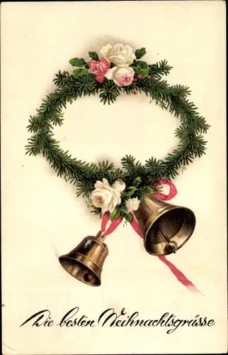 Ak Glückwunsch Weihnachten, Glocken, Rosen, Tannenkranz