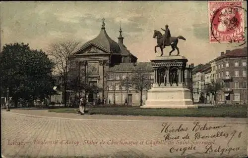 Ak Liège Lüttich Wallonien, Boulevard d'Avroy, Statue Charlemague, Kapelle St. Sacrement