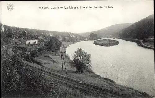 Ak Lustin Profondeville Wallonien Namur, La Meuse, l'Ile et le chemin de fer